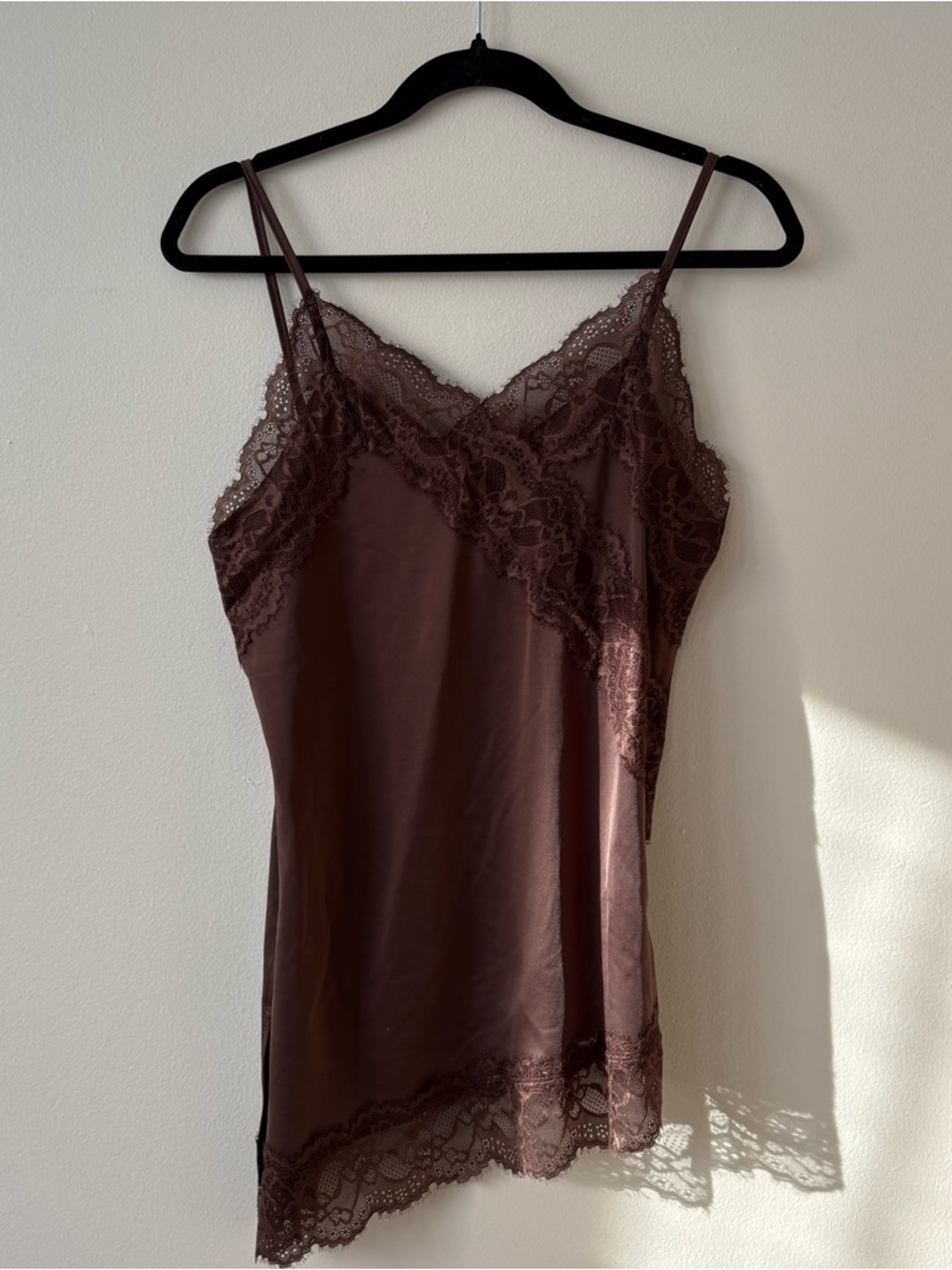 Divided Lace Trim Asymmetrical Satin Slip Chemise in Brown